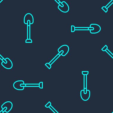 Yeşil çizgi kürek ikonu mavi arkaplanda kusursuz desen izole etti. Bahçe aletleri. Bahçecilik, tarım, çiftçilik aleti. Vektör