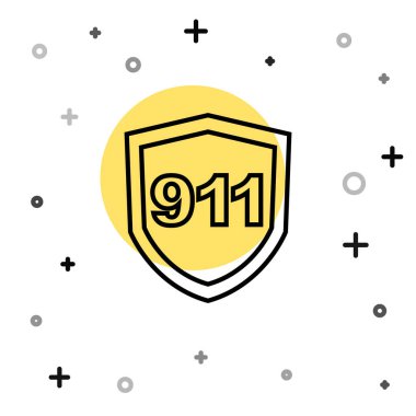 Beyaz arka planda 911 'i arayan siyah hat telefonu izole edildi. Polis, ambulans, itfaiye, çağrı, telefon. Rastgele dinamik şekiller. Vektör