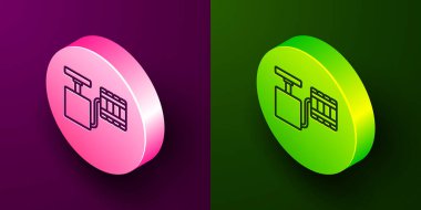 Mor ve yeşil arkaplanda izole edilmiş dinamit simgesi için izole hat ateşleyicisi. Çember düğmesi. Vektör