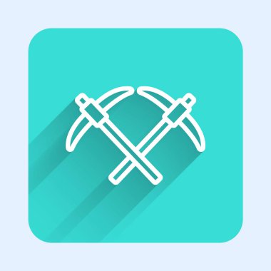 Beyaz çizgili Kazma simgesi uzun gölge arkaplanı ile izole edildi. Yeşil kare düğmesi. Vektör