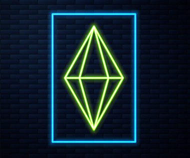 Parlayan neon hattı taş ikon tuğla duvar arka planında izole edildi. Mücevher sembolü. Elmas. Vektör