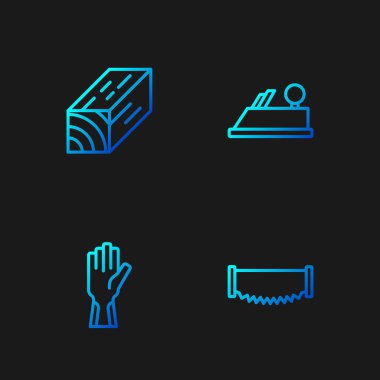 İkili testere, koruyucu eldivenler, tahta kiriş ve uçak gereçleri. Renk simgeleri. Vektör