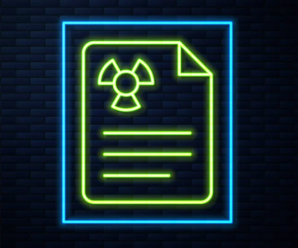 ネオンラインを光るレンガの壁の背景に隔離された放射線警告文書のアイコン テキストファイル ベクトル — ストックベクタ