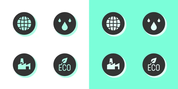 Set Leaf Eco Symbool Sociaal Netwerk Fabrieksproductie Water Drop Icoon — Stockvector