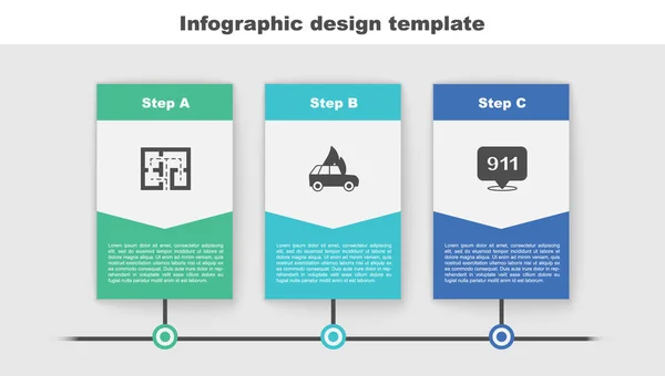 Réglez Plan Évacuation Brûlant Voiture Appel Urgence 911 Modèle Infographie — Image vectorielle