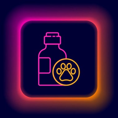 Parlayan neon hattı, siyah arka planda izole edilmiş evcil hayvan şampuanı ikonu. Evcil hayvan bakım işareti. Köpek temizleme sembolü. Renkli taslak konsepti. Vektör