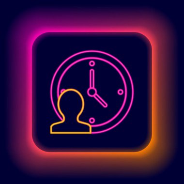 Parlayan neon hattı zaman yönetimi simgesi siyah arkaplanda izole edildi. Saat ve vites tabelası. Üretkenlik sembolü. Renkli taslak konsepti. Vektör