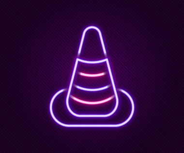 Parlayan neon hattı trafik konisi simgesi siyah arkaplanda izole edildi. Renkli taslak konsepti. Vektör