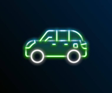Parlayan neon hattı Hatchback araba simgesi siyah arkaplanda izole edildi. Renkli taslak konsepti. Vektör