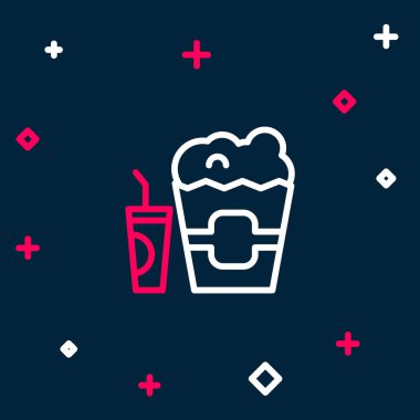 Karton kutuda çizgi patlamış mısır ve mavi arka planda izole edilmiş saman ve su ikonu içilen kağıt bardak. Soda bardağı. Renkli taslak konsepti. Vektör