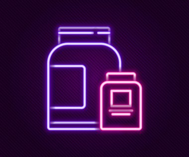 Parlayan neon hattı Spor beslenme vücut geliştirme protein enerji içeceği ve siyah arka planda izole edilmiş yiyecek ikonu. Renkli taslak konsepti. Vektör