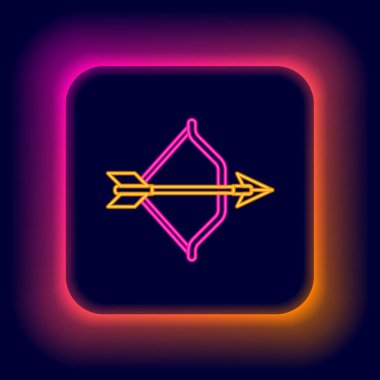 Parlayan neon hattı Ortaçağ yayı ve ok simgesi siyah arka planda izole edildi. Ortaçağ silahı. Renkli taslak konsepti. Vektör