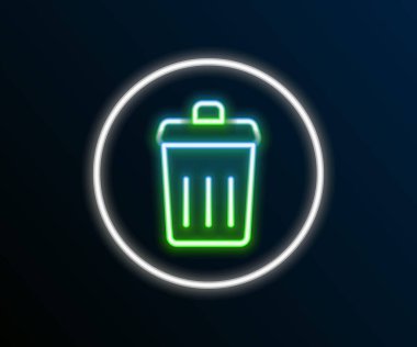 Parlayan neon hattı Çöp kutusu simgesi siyah arkaplanda izole edildi. Çöp kutusu tabelası. Sepet simgesini geri dönüştür. Ofis çöpü ikonu. Renkli taslak konsepti. Vektör