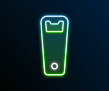 Parlayan neon hattı şişe açacağı simgesi siyah arkaplanda izole edildi. Renkli taslak konsepti. Vektör