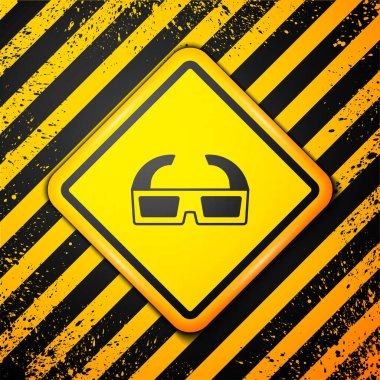 Sarı arkaplanda siyah 3D sinema gözlüğü ikonu var. Uyarı işareti. Vektör