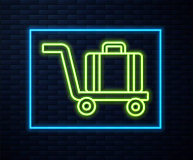 Parlayan neon hattı Trolley bavul ikonu tuğla duvar arka planında izole edildi. Seyahat bagaj tabelası. Seyahat bagaj ikonu. Vektör