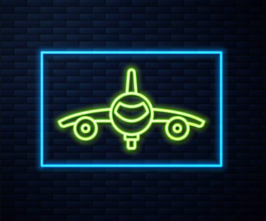 Parlayan neon hattı Plane simgesi tuğla duvar arka planında izole edildi. Uçan uçak ikonu. Uçak tabelası. Vektör