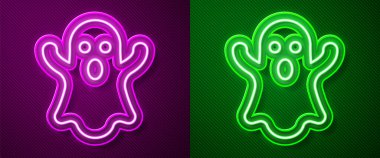 Parlayan neon hattı Hayalet simgesi mor ve yeşil arkaplanda izole edildi. Mutlu Cadılar Bayramı Partisi. Vektör