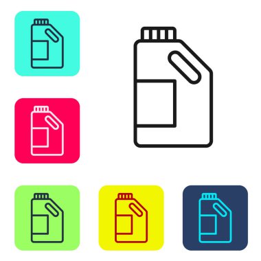 Çamaşır deterjanı, çamaşır suyu, bulaşık deterjanı ya da beyaz arka planda izole edilmiş başka bir temizlik maddesi ikonu için siyah çizgi plastik şişe. Renkli kare düğmelerle simgeleri ayarla. Vektör