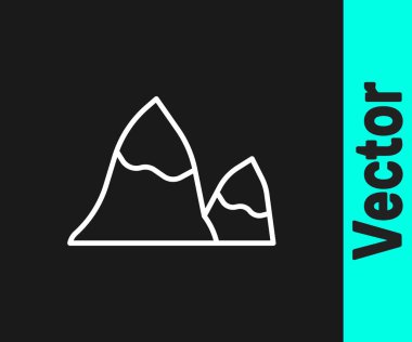 Beyaz çizgi dağ simgesi siyah arkaplanda izole edildi. Zaferin ya da başarının sembolü. Vektör