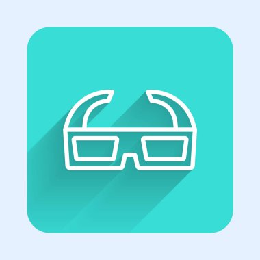 Beyaz çizgi 3 boyutlu sinema gözlüğü ikonu uzun gölge arkaplanı ile izole edilmiş. Yeşil kare düğmesi. Vektör