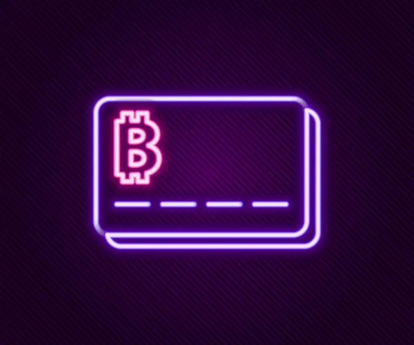 Strălucitoare Neon Linie Card Credit Pictograma Bitcoin Izolat Fundal Negru — Vector de stoc