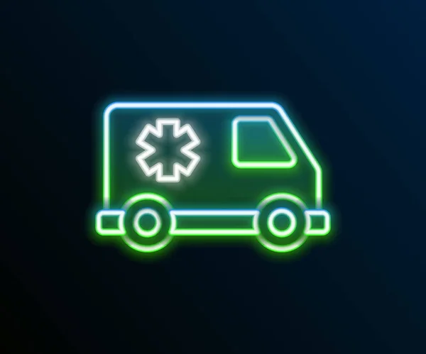 Leuchtende Leuchtschrift Ambulance Und Notarztwagen Ikone Isoliert Auf Schwarzem Hintergrund — Stockvektor