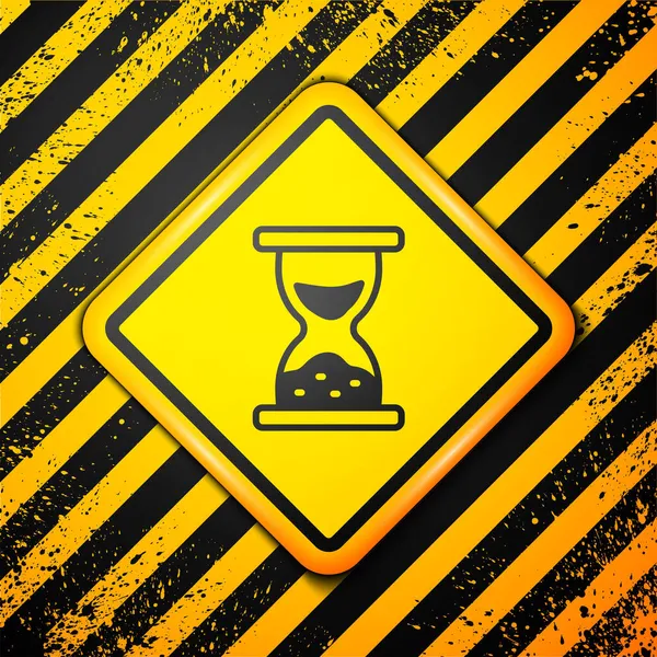 黑色旧沙漏 流沙图标孤立在黄色背景 沙钟的标志 业务和时间管理概念 警告标志 — 图库矢量图片