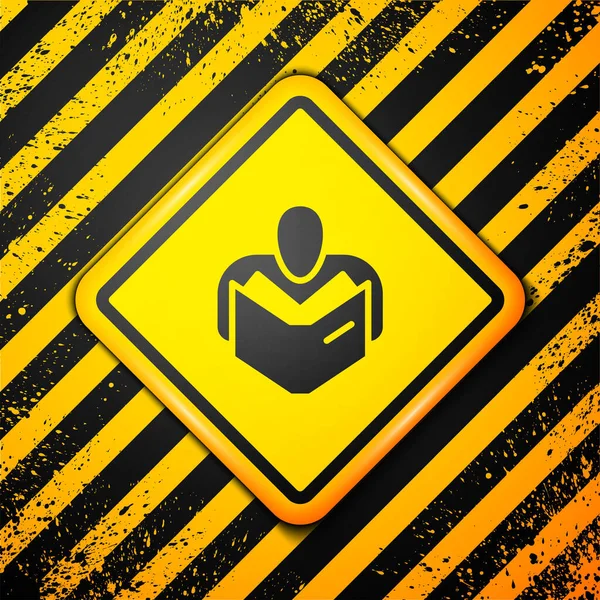 Schwarzer Mann Liest Büchersymbol Isoliert Auf Gelbem Hintergrund Warnzeichen Vektor — Stockvektor