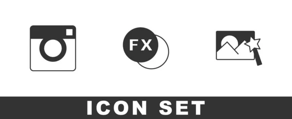 Set Cámara Fotográfica Icono Retoque Vector — Vector de stock