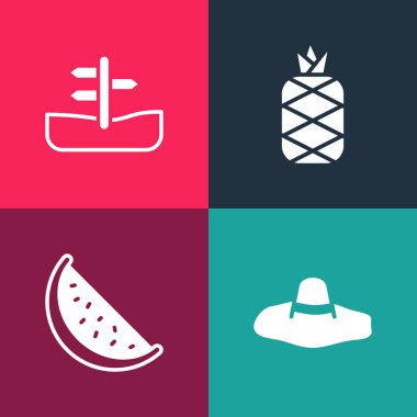 Pop sanat eseri şık kadın şapkası, karpuz, ananas ve trafik işareti simgesi. Vektör