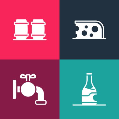 Bir şişe şarap, fıçı için musluk, peynir ve ahşap ikon hazırla. Vektör