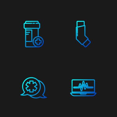 Dizüstü bilgisayarı kardiyogramla ayarla, doktorla konuş, ilaç şişesi ve astım spreyi. Renk simgeleri. Vektör