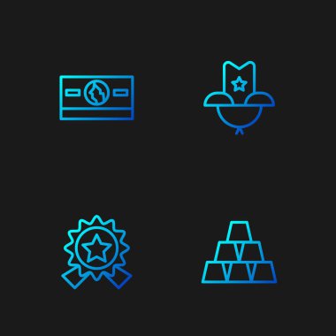 Altın külçeler, yıldız madalyası, kağıt para ve kovboy şapkası. Renk simgeleri. Vektör