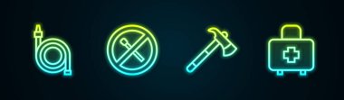 Yangın hortumu makarası, yangın söndürme, itfaiyeci baltası ve ilk yardım çantası yok. Parlayan neon ikonu. Vektör