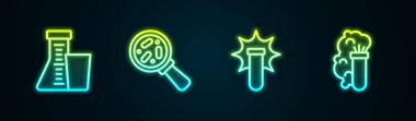 Test tüpü ve matara, mikroorganizmaları büyüteç altında tut, kimyasal patlama ve... Parlayan neon ikonu. Vektör