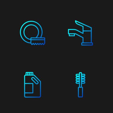 Hat, tuvalet fırçası, temizlik malzemesi şişesi bulaşık yıkama ve su musluğu. Renk simgeleri. Vektör