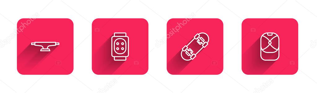 Set line Skateboard wheel, Knee pads,  and Baseball cap with long shadow. Red square button. Vector