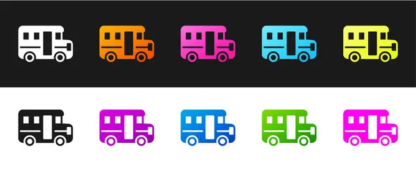 Setzen Sie das Schulbus-Symbol isoliert auf schwarzem und weißem Hintergrund. Symbol für den öffentlichen Nahverkehr. Vektor — Stockvektor