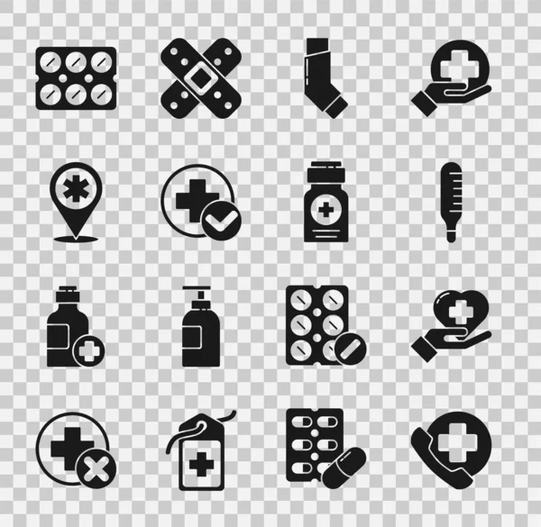 Set Emergency phone call to hospital, Heart with cross, Medical thermometer, Inhaler, Cross medical, Map pointer, Pills blister pack and Medicine bottle icon. Vector — Stock Vector