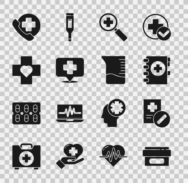 Merhem krem tüpü ilacı, tıbbi reçete, pano, arama tıbbi araştırmalar için büyüteç, çapraz hastane, kalp, acil telefon görüşmesi ve ölçü kupası ikonu. Vektör — Stok Vektör