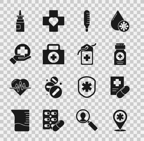 Kaart pointer met kruis ziekenhuis, Medisch recept, Medicijn fles, thermometer, EHBO kit, Kruis medische, Fles neusspray en tag icoon. Vector — Stockvector