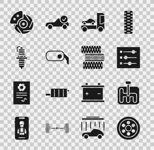 Set roue en alliage, levier de vitesse, réglages de voiture, camion transporteur, rétroviseur, bougie, disque de frein avec étrier et icône de pneu. Vecteur — Image vectorielle