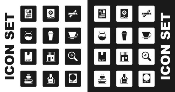 Set Sachets de bâtonnets de sucre, Milkshake, Verser sur une cafetière, Journal et, V60, Balance électronique, Haricots de sélection et icône Sac. Vecteur — Image vectorielle