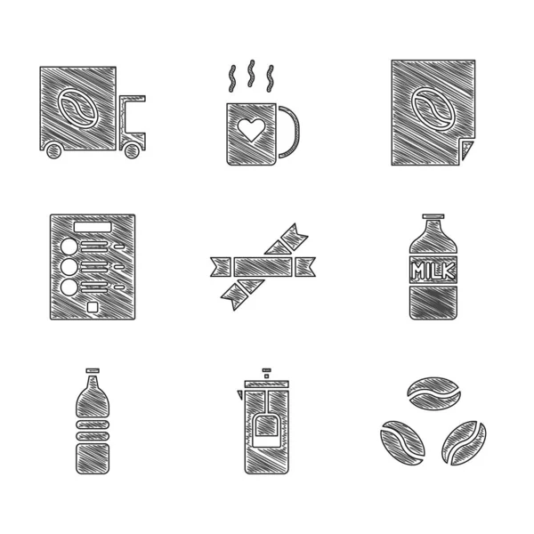 Σετ Ζάχαρη stick πακέτα, γαλλικό Τύπο, κόκκους καφέ, Μπουκάλι με γάλα, νερό, μενού, αφίσα και δρόμο φορτηγό εικονίδιο μηχανής. Διάνυσμα — Διανυσματικό Αρχείο