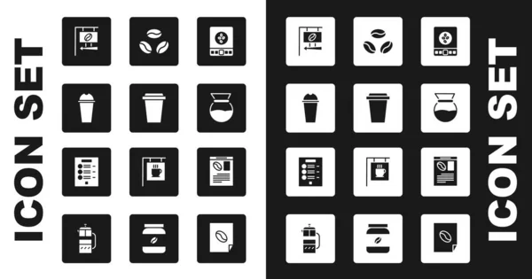 Set Básculas de café electrónicas, taza de café para llevar, batido, letrero de la calle, verter sobre el fabricante, frijoles, periódico y el icono del menú. Vector — Vector de stock