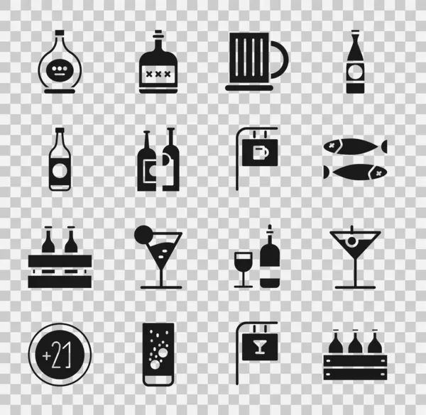Set Weinflaschen in einer Holzkiste, Martini-Glas, Trockenfisch, Holzbierkrug, Bierflasche, Cognac oder Brandy und Straßenschild mit Bar-Symbol. Vektor — Stockvektor