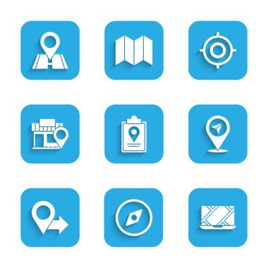 Katlanmış haritayı konum işareti, pusula, şehir navigasyonu, konum, depolama, hedef spor ve simge ile ayarla. Vektör