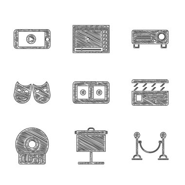 VHS video kaset, Projeksiyon ekranı, İp Bariyeri, Film alkışları, CD veya DVD disk, Komedi ve trajedi maskeleri, Film, Film, Film, Medya Projektörü ve Online oynatma simgesini ayarlayın. Vektör