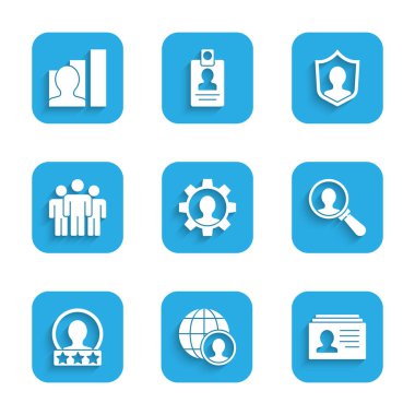 İnsanı ekipman, Küre ve insanlarla donat, Arama için Devam, Büyüteç, Hesap Ekranı Oluştur, Kullanıcı Grubu, Koruma ve Üretici İnsan simgesi. Vektör